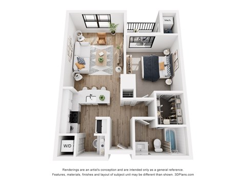 Floor plan for 1 bed, 1 bath, 674 sqft